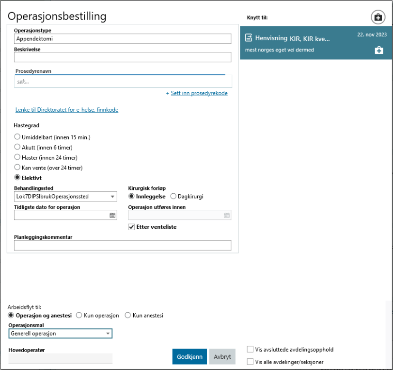 Operasjonsbestilling vindu