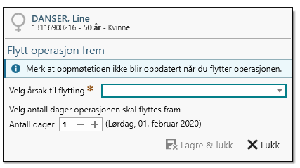 Funksjon for å flytte operasjon antall dager frem i tid