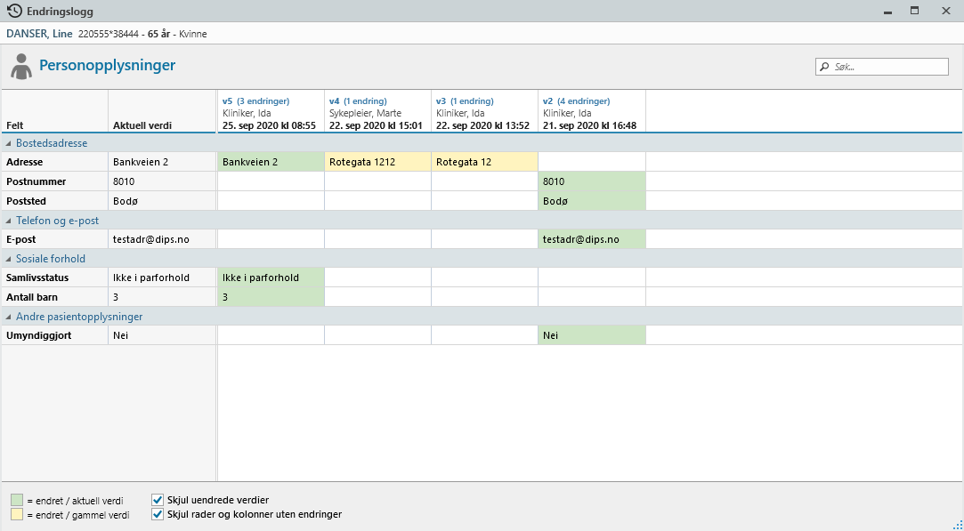 Endringslogg der man kun ser de innregistrerte verdier.