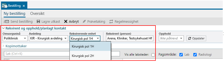 Velge avdeling, rekvirerende enhet og rekvirent