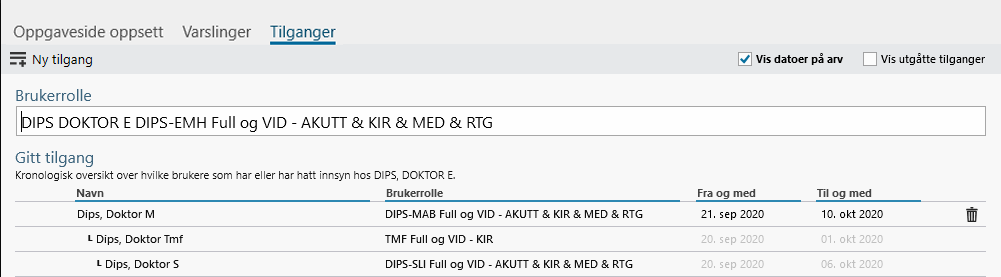 Skjermbilde for Tilganger vist for Doktor E