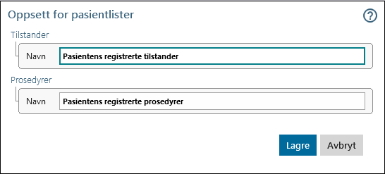 Dialogboks for oppsett av Pasientliste i pasientlistewidget