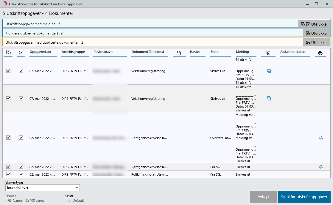 Dialogvindu ved utskrift i flervalgsmodus