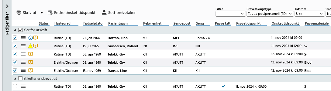 Prøvetakingsliste - oversikt over hva som er klart for utskrift og hva som er skrevet ut