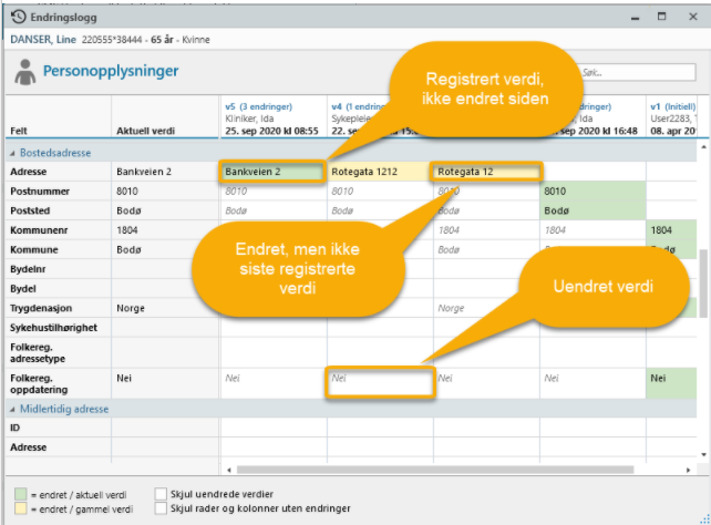 Eksempel på endringslogg i pasientopplysninger