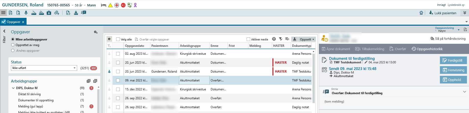 Visning av oppgave for andre enn aktiv pasient