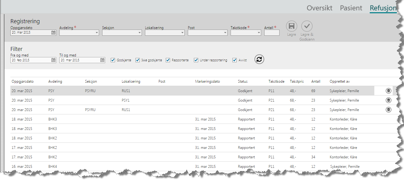 Bildet viser et utsnitt av skjermbildet der du registrerer timerefusjoner. I kolonne Status ser du om registreringen er blitt sendt til HELFO (status=Rapportert). De som står med status Godkjent, er ennå ikke sendt til HELFO