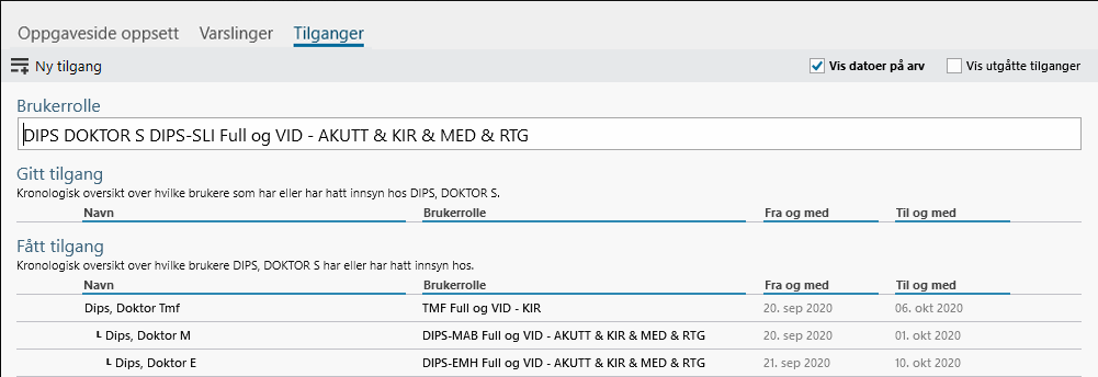 Skjermbilde for Tilganger vist for Doktor S