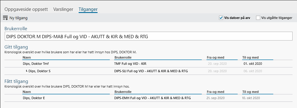 Skjermbilde for Tilganger vist for Doktor M