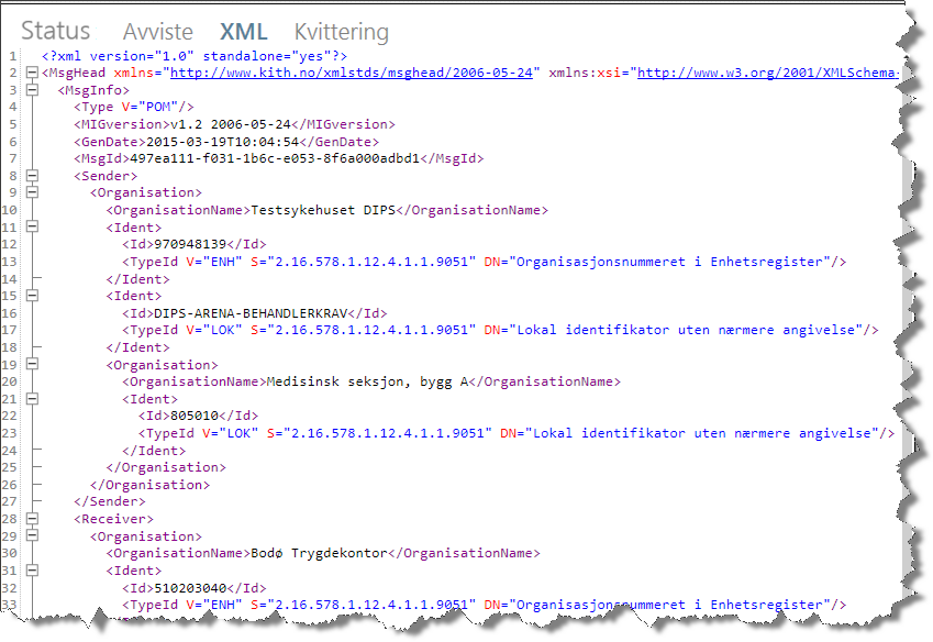 Bildet viser et utsnitt av en XML-melding. Her ser du i helhet hva som faktisk blir sendt til HELFO. Dette kan være svært nyttig i en feilsøkingssituasjon