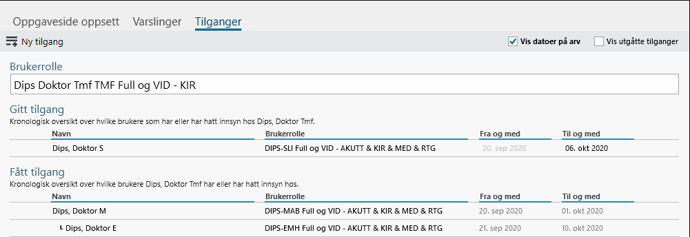 Skjermbilde for Tilganger vist for Doktor TMF