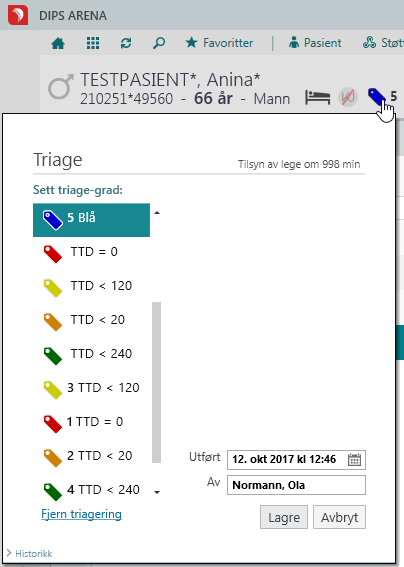 Pasient med triage visualisert i pasientlinja