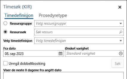 Timesøk med avkrysningsboks for å unngå dobbeltbooking