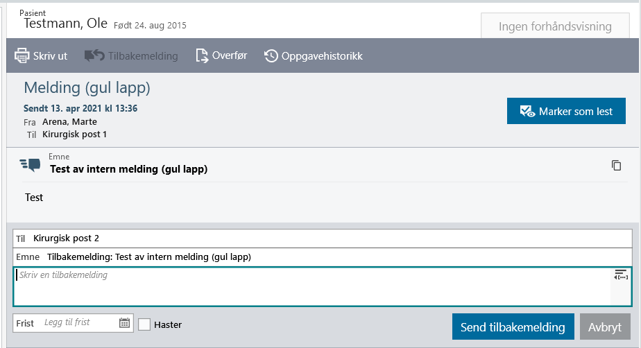 Tilbakemelding på Intern melding eller andre oppgavetyper
