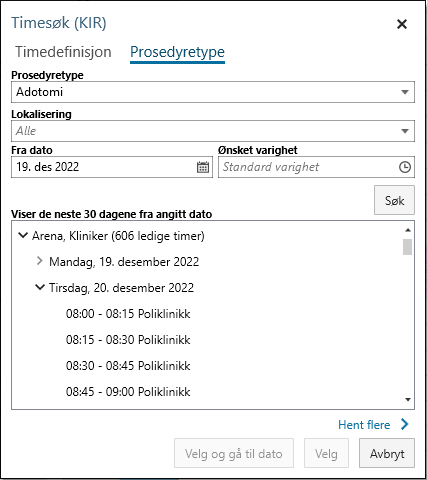 Timesøk basert på Prosedyretype