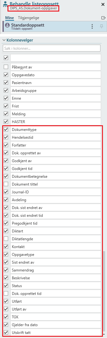 Bildet viser navn og oppsett for pasientliste Dokumentoppgaver i innstillinger i oppgavesiden.