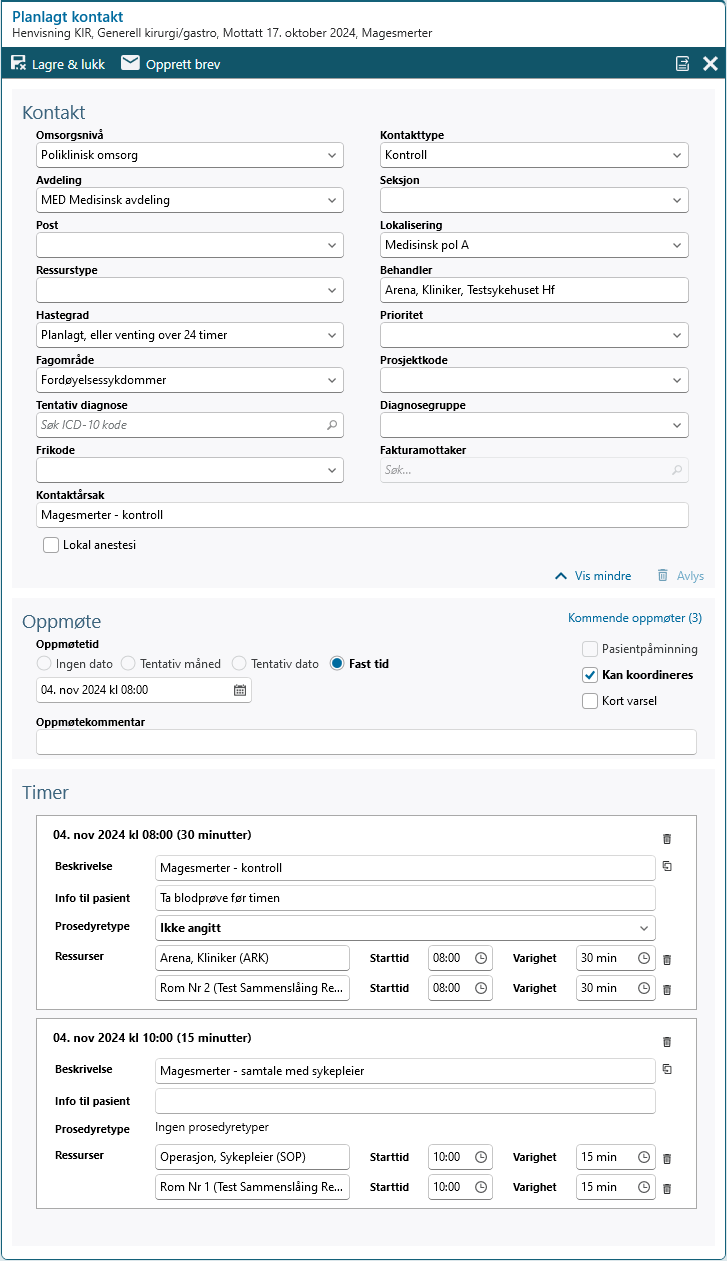Timebestilling til to behandlere med hvert sitt reserverte rom, på ulike tidspunkt