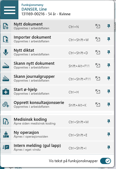 Funksjonsmeny med hurtigknapper i pasientlinjen