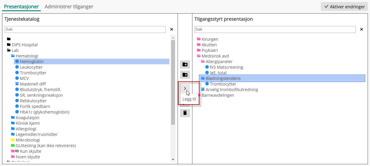 Markert tjeneste legges i den markerte mappen