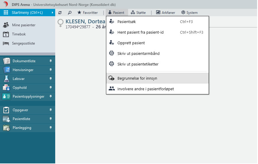Valget Begrunnelse for innsyn finner du i pasientmenyen