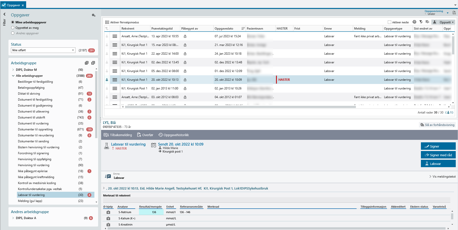 Bildet viser standard kolonneoppsett for oppgavetypen Labsvar til vurdering