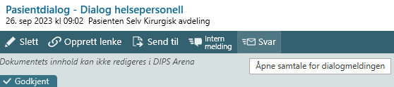 Svarknapp i arbeidsflatevisning av meldingen. Navigerer til tilhørende samtalevisning.