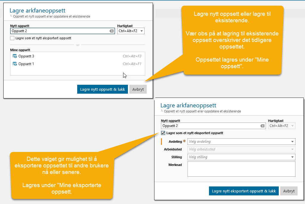 Valg ved lagring av arkfaneoppsett