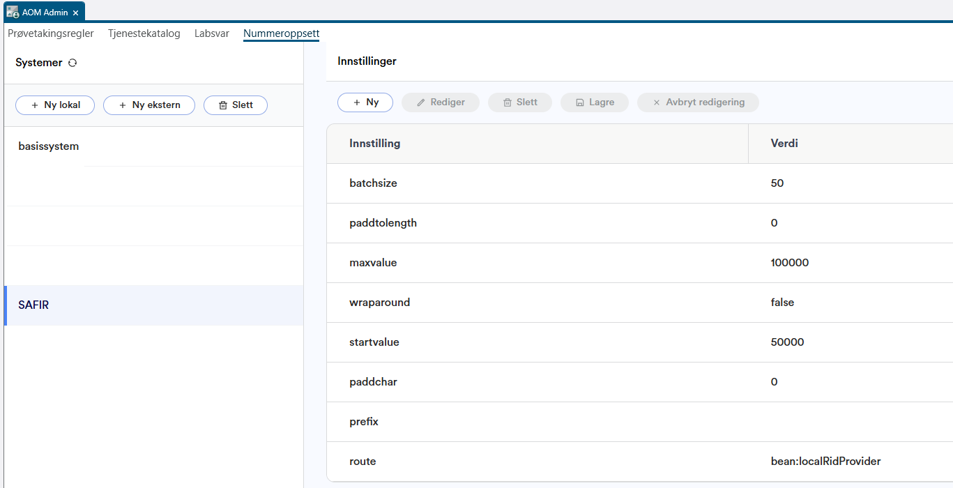 Nummeroppsett - lokalt system