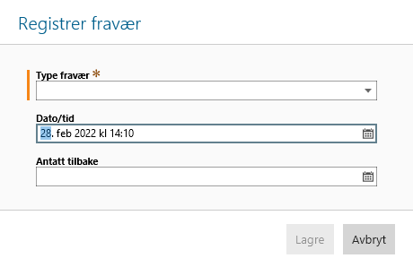 Skjermbildet for registrering av fravær
