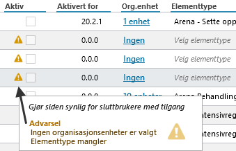 Varselmelding ved manglende elementtype/ org.tilknytning.