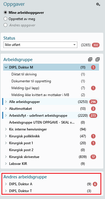 Innlogget som doktor TMF - visning av private arbeidsgrupper Doktor M har fått tilgang til.