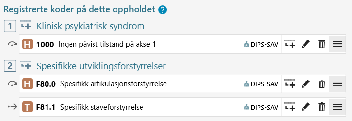 Hovedtilstand registrert på akse 1 og akse 2