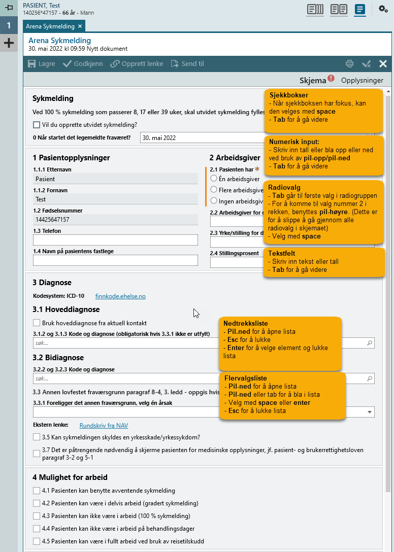 Sjekkbokser, radiovalg, inputfelt og lister i Arena