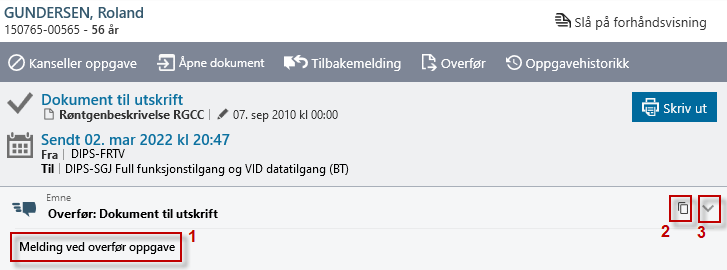 Motta melding ved overføring oppgaver