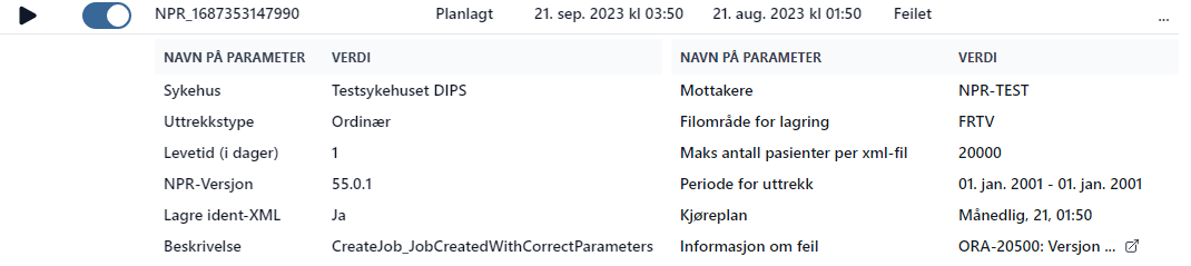 Informasjon om jobb og eventuell feilmelding