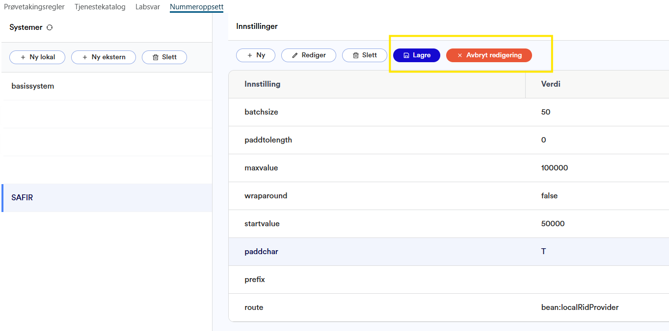 Nummeroppsett - Eksempel på system under redigering