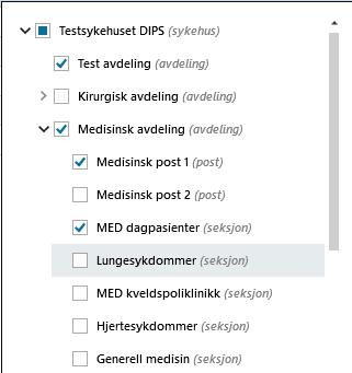 Eksempel visning av tilknyttet Avdeling/ Post/ Seksjon