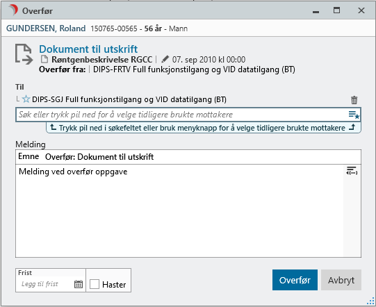 Sende melding ved overføring oppgave