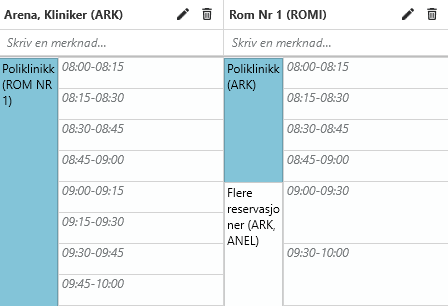 Visning av timedefinisjoner med tilknyttet rom og reservasjoner i timebok