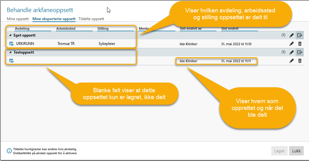 Funksjoner i arkfane for Eksportere oppsett