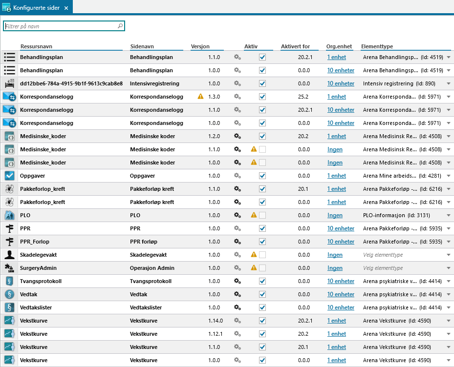 Konfigurerte sider skjermbilde