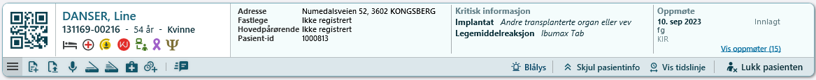 Pasientlinja utvidet med visning av pasientinformasjon og QR-kode