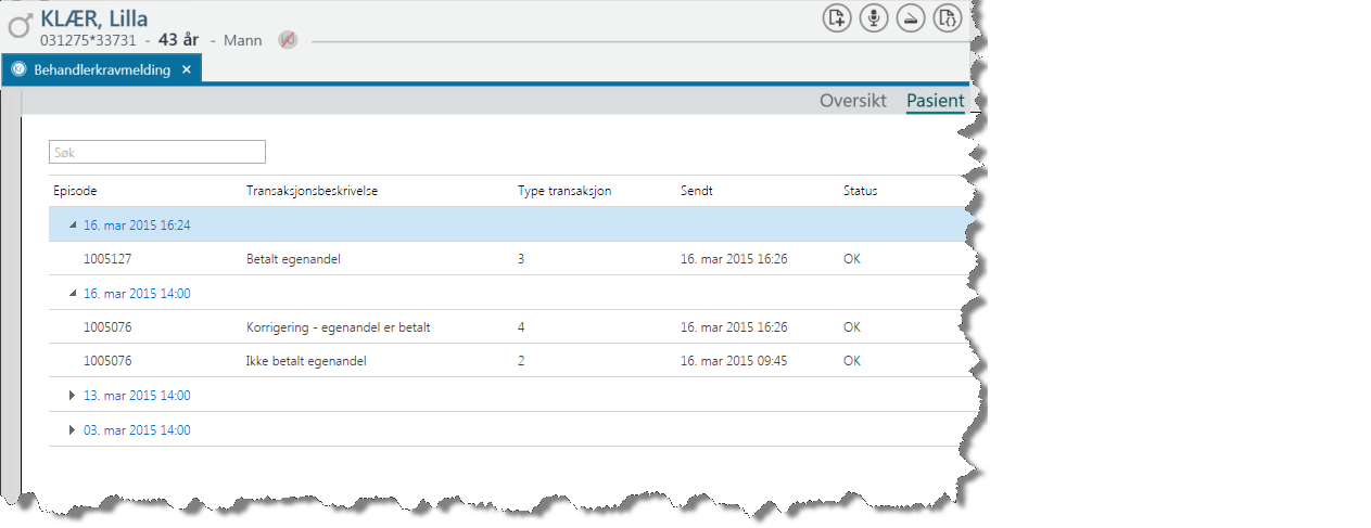 På pasient Lilla Klær er det registrert to opphold den 16. mars. Begge oppholdene er rapportert til HELFO den 16. mars. Først var pasienten på røntgen kl 14:00, der ble egenandel ikke betalt med det sammt (transaksjonstype 2), men den er senere betalt (transaksjonstype 4). Så var pasienten på kirurgisk poliklinikk kl 16:24, der ble egenandel betalt umiddelbart (transaksjonstype 3)