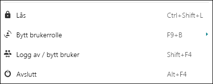 Avslutt, logg av,bytt brukerrolle eller lås Arena