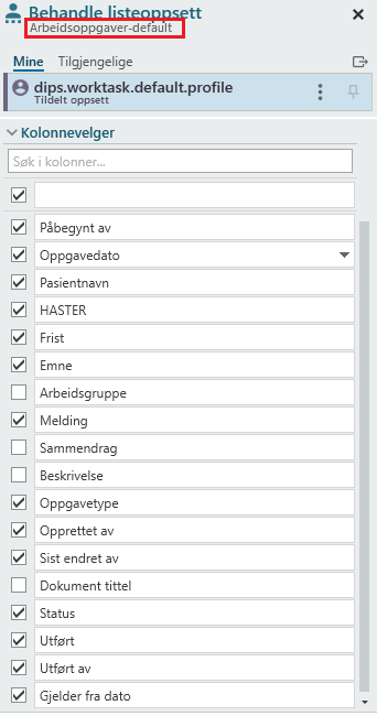 Bildet viser navn og oppsett for standard pasientliste i innstillinger i oppgavesiden.