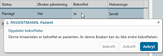 Kolonner satt opp i Oppmøtelisten som viser at timeavtalen er sendt til Helsenorge og bekreftet av pasient