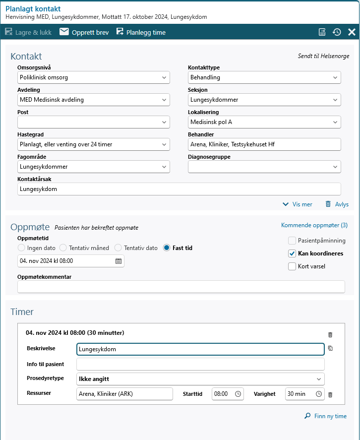 Visning av timeavtale som er sendt til Helsenorge og bekreftet av pasient