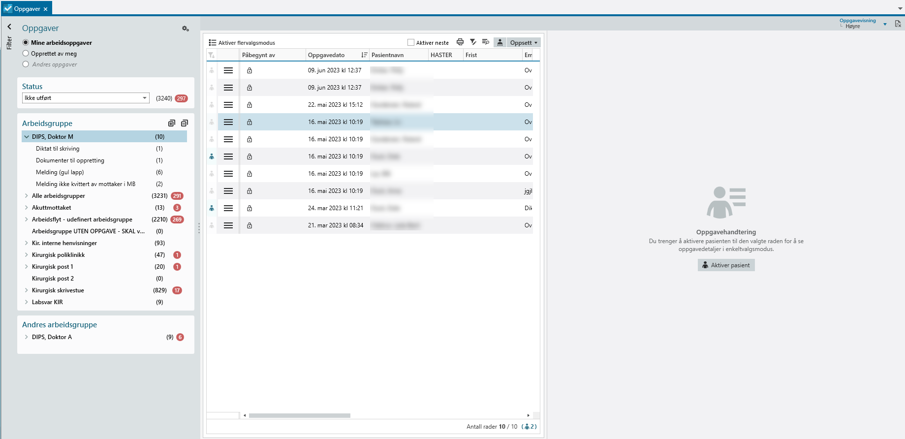 Forskjell på aktiv pasient og sist valgte oppgave. Nåværende aktiv pasient har oppgave i listen (og derav fargeikon), men var ikke sist valgte oppgave.