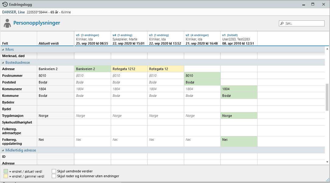 Endringslogg der man har valgt å se alle verdier.