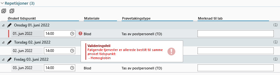 Liste med genererte repetisjoner med valideringsfeil
